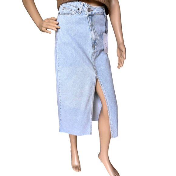 Light Blue Criss Cross Piral Denim Midi Skirt Size Small Front Slit WITH DEFECT - Picture 1 of 13